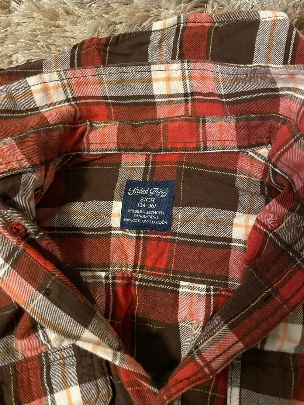 Faded Glory Red Orange and Brown Plaid Button-Down Shirt - Picture 3 of 5